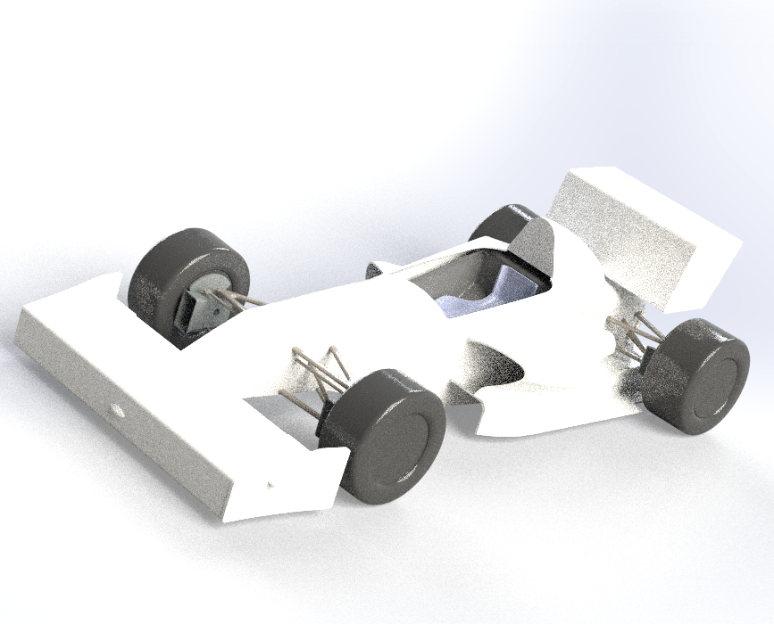 Single-seat car with broad front and rear wing profiles facing the incoming airflow