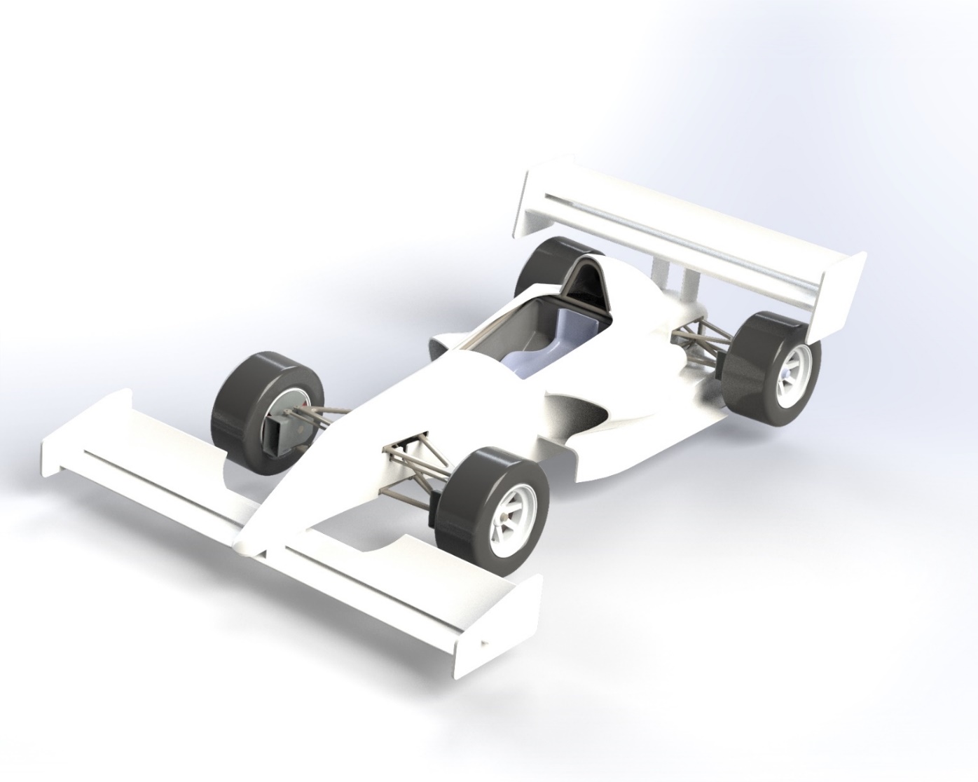 Single-seat car with front and rear wings extended sideways beyond their original width