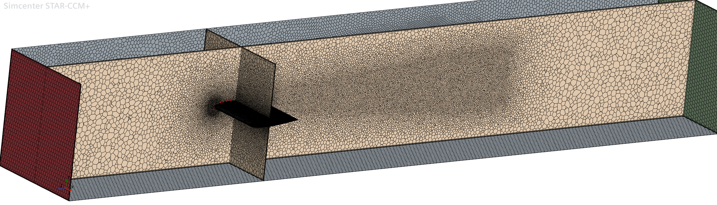 CFD mesh of the NACA 0015 wing inside a walled wind tunnel domain, with local refinement around the wing and its wake